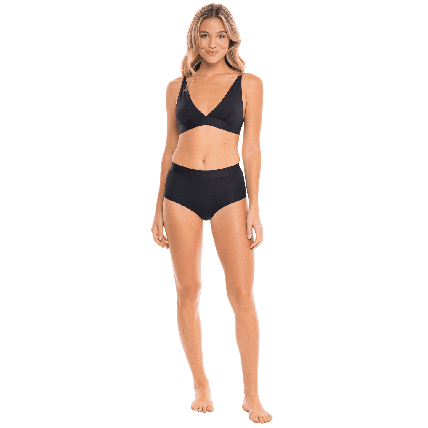 Kvinde i Comfy performance high waist hipster ghost black plunge bralette fulll