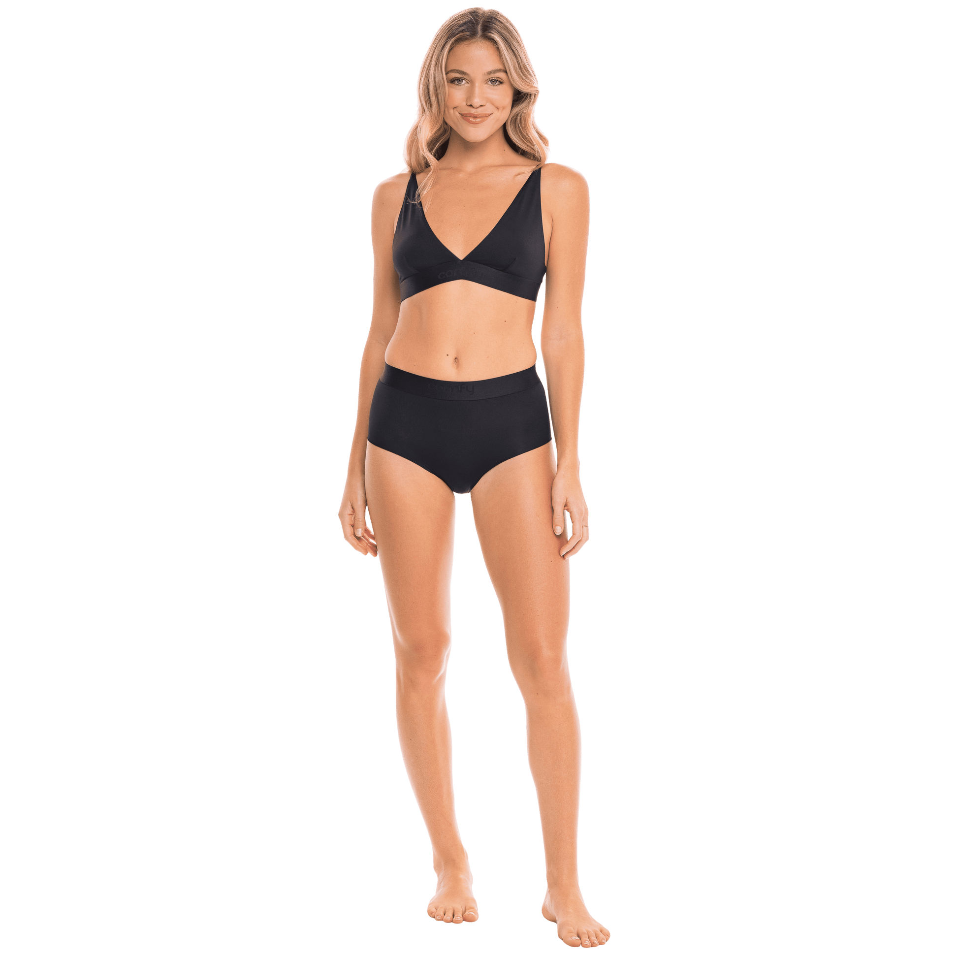 Kvinde i Comfy performance high waist hipster ghost black plunge bralette fulll